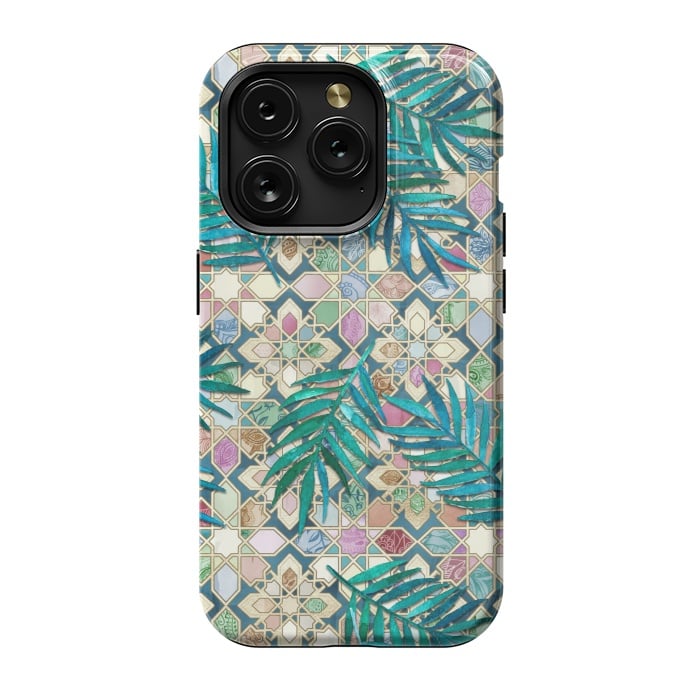 iPhone 15 Pro StrongFit Muted Moroccan Mosaic Tiles with Palm Leaves by Micklyn Le Feuvre