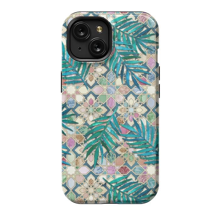 iPhone 15 StrongFit Muted Moroccan Mosaic Tiles with Palm Leaves by Micklyn Le Feuvre