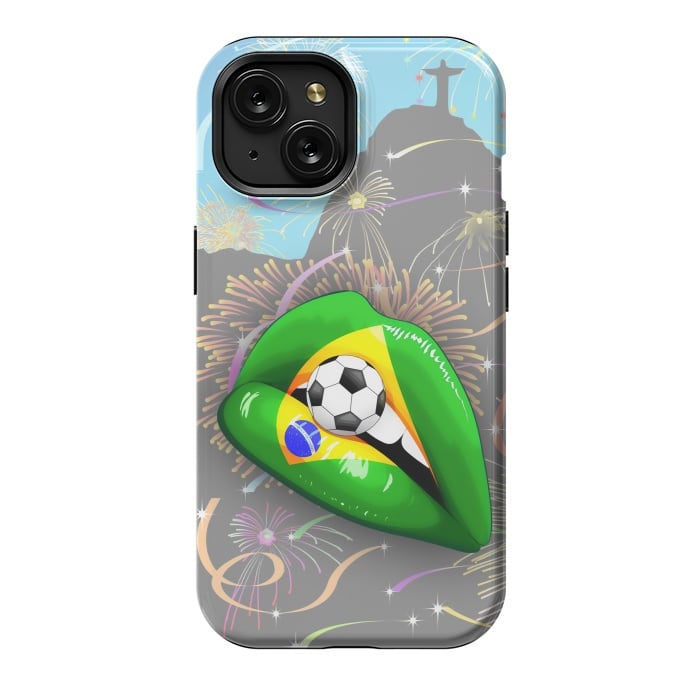 iPhone 15 StrongFit  Brazil Flag Lipstick Soccer Supporters on Sensual Woman's Lips by BluedarkArt