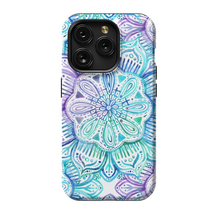 iPhone 15 Pro StrongFit Iridescent Aqua and Purple Watercolor Mandala by Micklyn Le Feuvre
