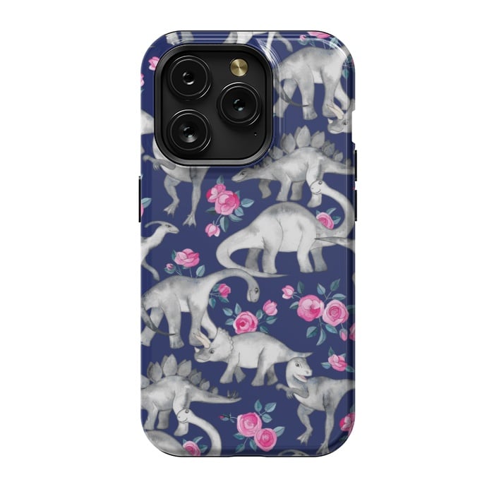 iPhone 15 Pro StrongFit Dinosaurs and Roses on Dark Blue Purple by Micklyn Le Feuvre