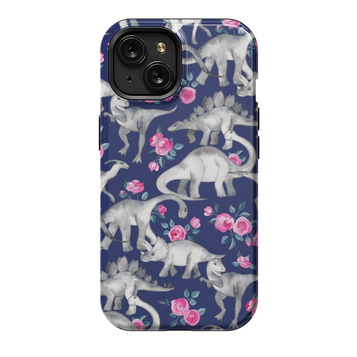 iPhone 15 StrongFit Dinosaurs and Roses on Dark Blue Purple by Micklyn Le Feuvre