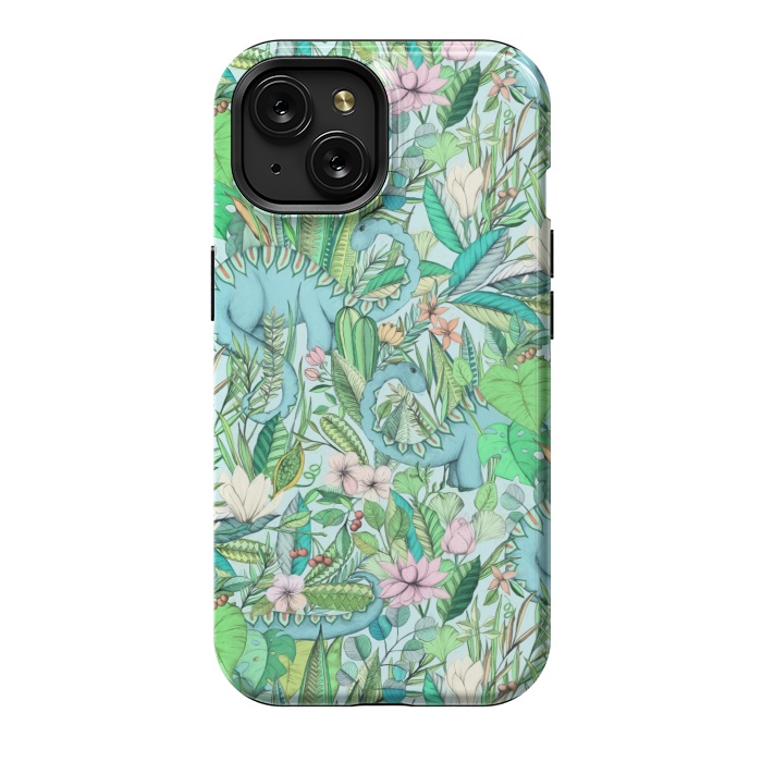 iPhone 15 StrongFit Summer Floral with Dinosaurs by Micklyn Le Feuvre
