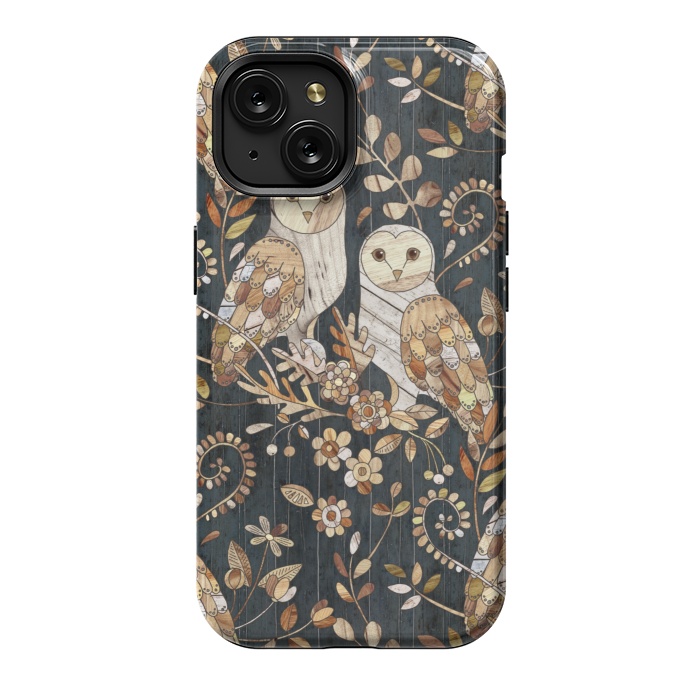 iPhone 15 StrongFit Wooden Wonderland Barn Owl Collage by Micklyn Le Feuvre