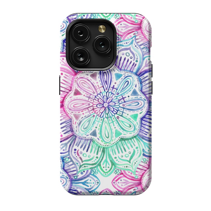 iPhone 15 Pro StrongFit Watercolor Mandala in Mint, Magenta and Purple by Micklyn Le Feuvre