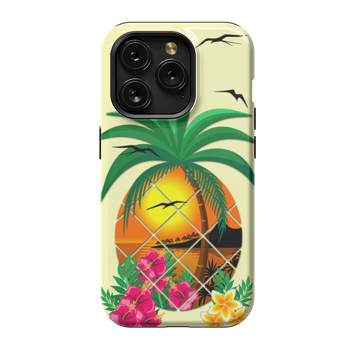 iPhone 15 Pro StrongFit Pineapple Tropical Sunset, Palm Tree and Flowers by BluedarkArt