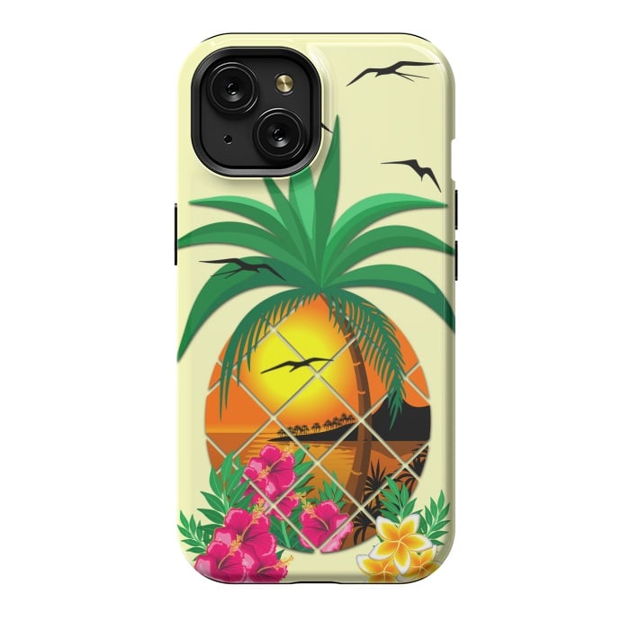 iPhone 15 StrongFit Pineapple Tropical Sunset, Palm Tree and Flowers by BluedarkArt