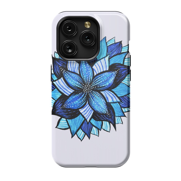 iPhone 15 Pro StrongFit Beautiful Abstract Hand Drawn Zentangle Blue Flower by Boriana Giormova