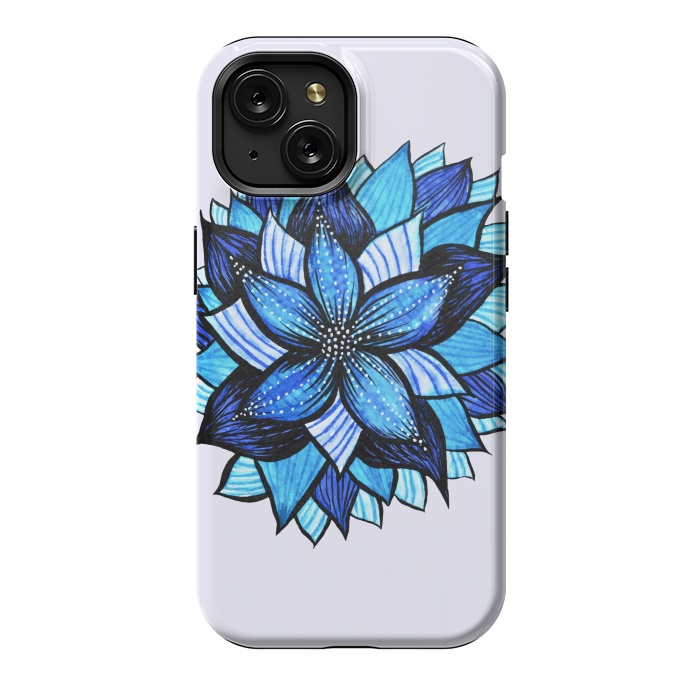 iPhone 15 StrongFit Beautiful Abstract Hand Drawn Zentangle Blue Flower by Boriana Giormova