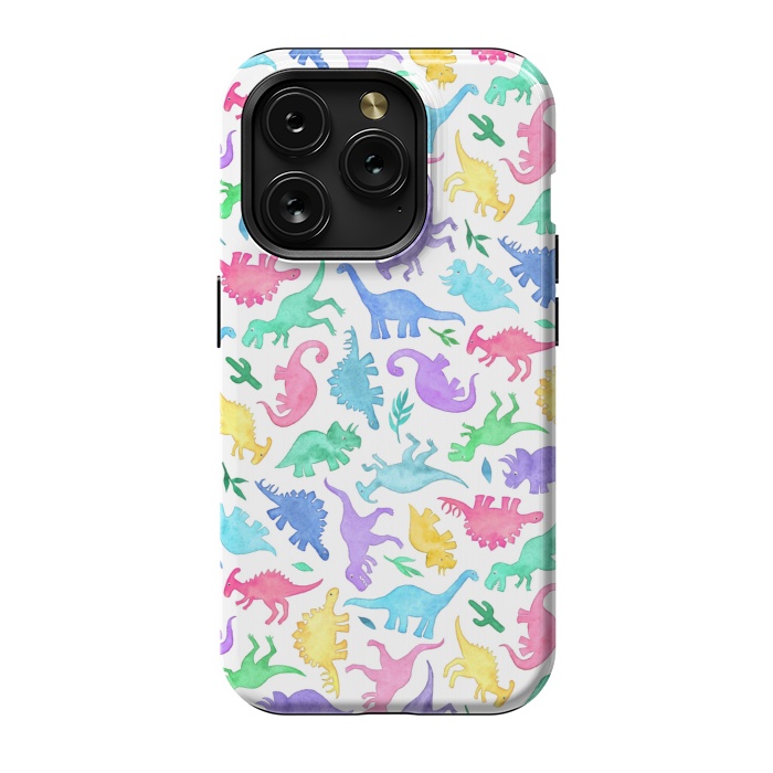 iPhone 15 Pro StrongFit Ditsy Dinos in Bright Pastels on White by Micklyn Le Feuvre