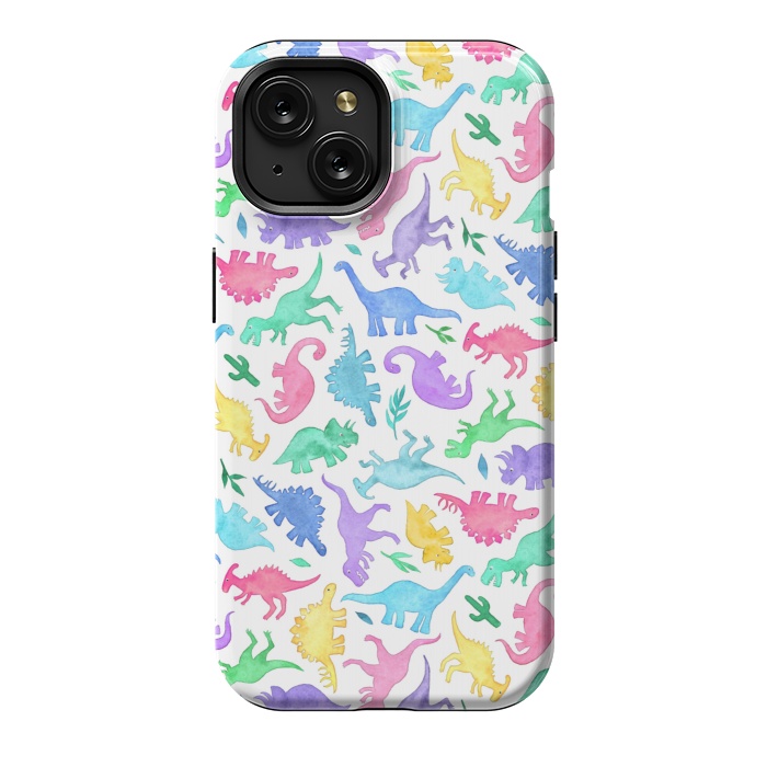 iPhone 15 StrongFit Ditsy Dinos in Bright Pastels on White by Micklyn Le Feuvre