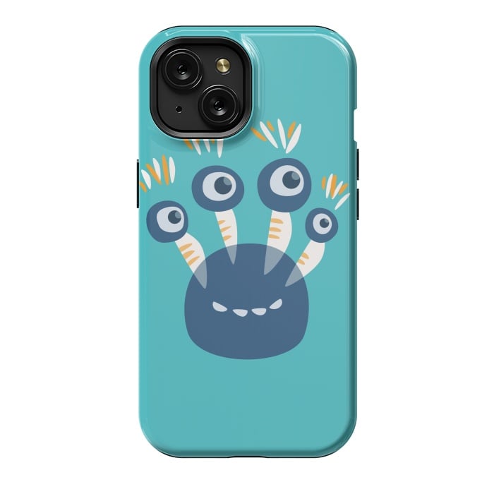 iPhone 15 StrongFit Cute Blue Cartoon Monster With Four Eyes by Boriana Giormova