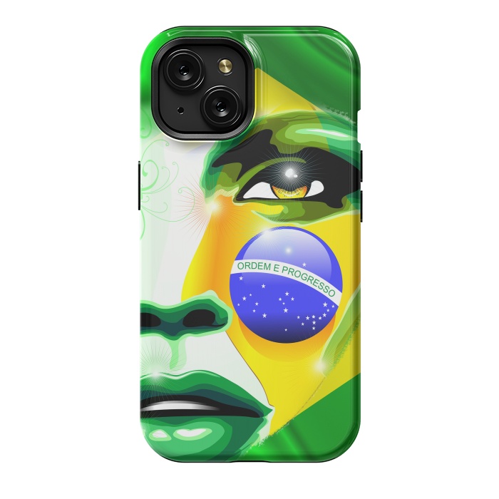 iPhone 15 StrongFit Brazil Flag Colors on Beautiful Girl Portrait by BluedarkArt