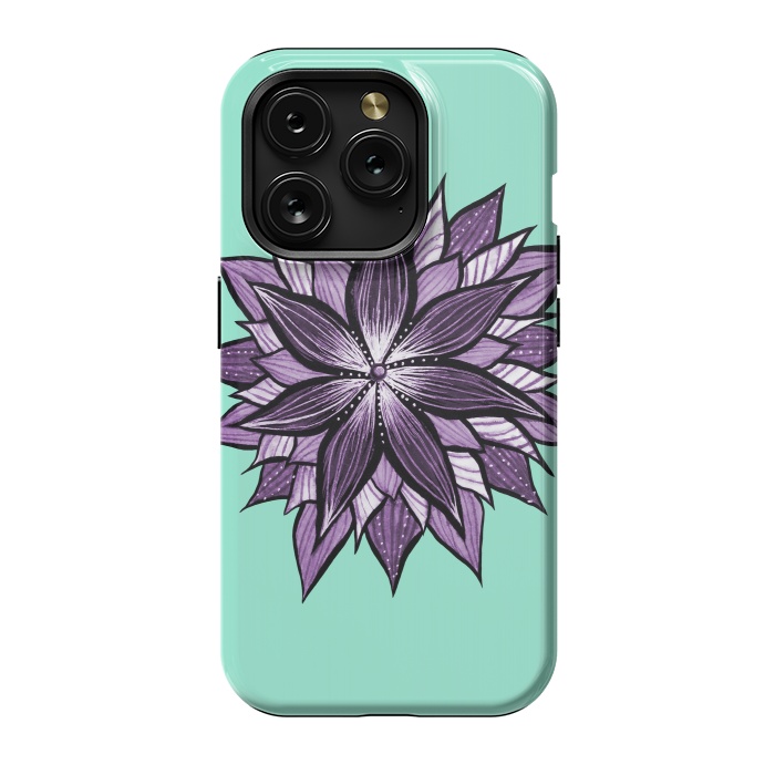 iPhone 15 Pro StrongFit Purple Mandala Like Ink Drawn Abstract Flower by Boriana Giormova