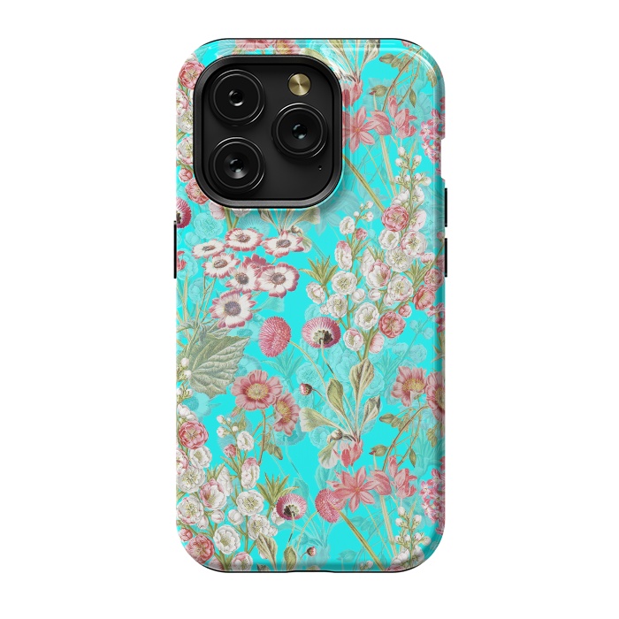 iPhone 15 Pro StrongFit White & Pink Flowers on Teal by  Utart