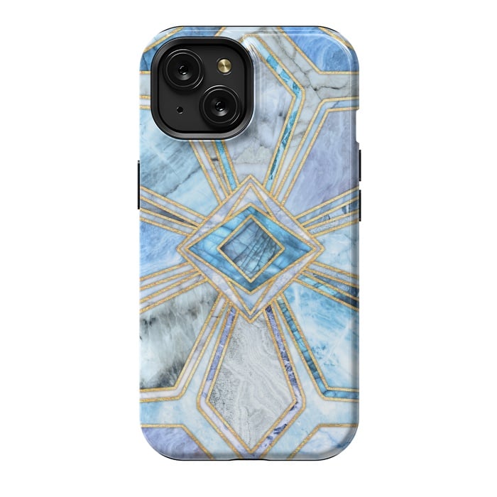 iPhone 15 StrongFit Geometric Gilded Stone Tiles in Soft Blues by Micklyn Le Feuvre