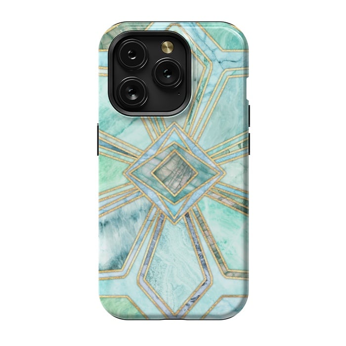 iPhone 15 Pro StrongFit Geometric Gilded Stone Tiles in Mint and Jade Green by Micklyn Le Feuvre