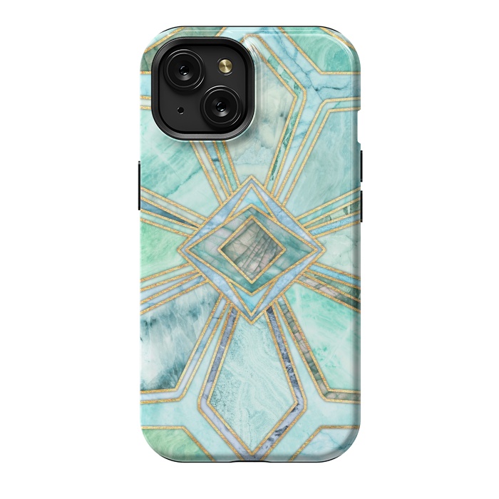 iPhone 15 StrongFit Geometric Gilded Stone Tiles in Mint and Jade Green by Micklyn Le Feuvre