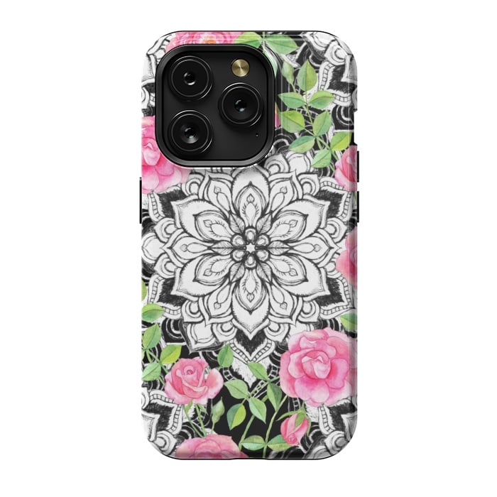 iPhone 15 Pro StrongFit Peach Pink Roses and Mandalas on Black and White Lace by Micklyn Le Feuvre
