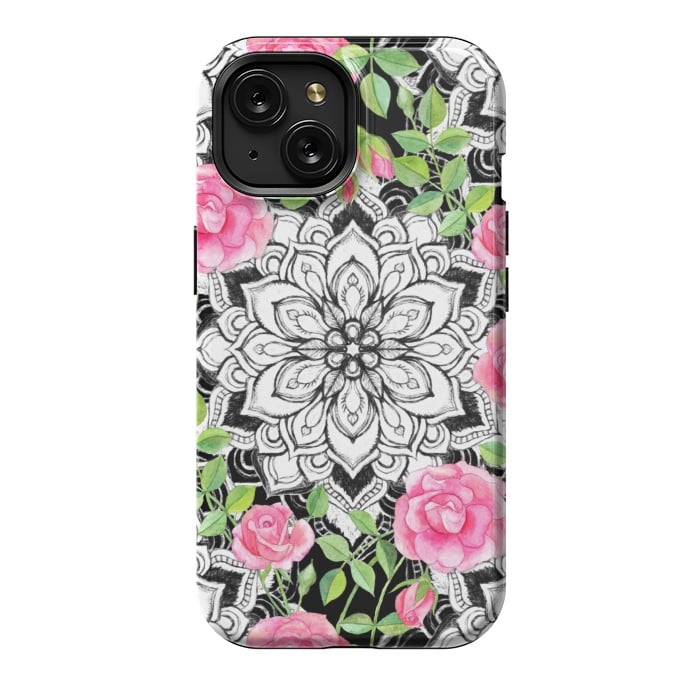 iPhone 15 StrongFit Peach Pink Roses and Mandalas on Black and White Lace by Micklyn Le Feuvre