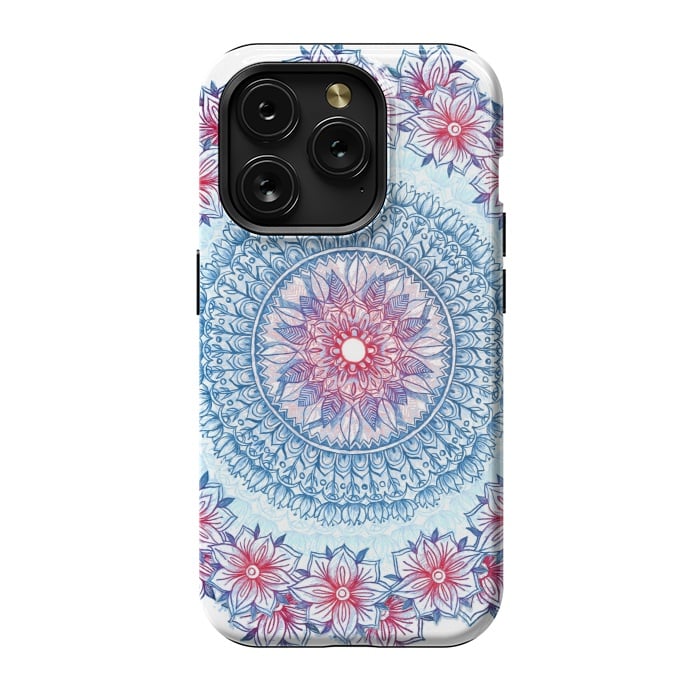 iPhone 15 Pro StrongFit Red, White and Blue Floral Mandala by Micklyn Le Feuvre