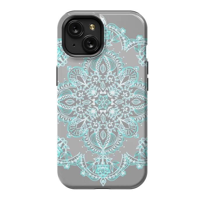iPhone 15 StrongFit Teal and Aqua Lace Mandala on Grey  by Micklyn Le Feuvre