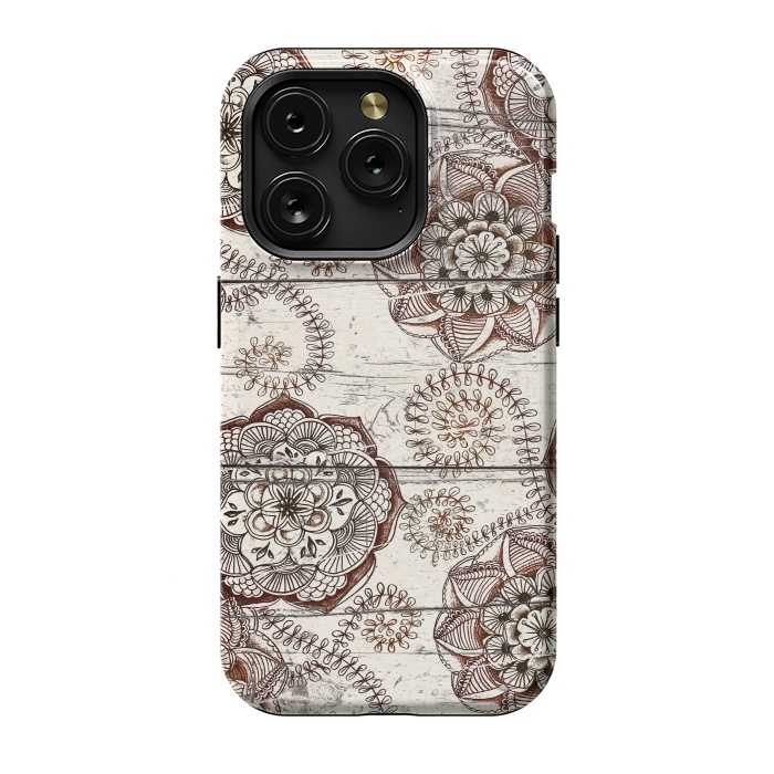 iPhone 15 Pro StrongFit Coffee & Cocoa - brown & cream floral doodles on wood by Micklyn Le Feuvre