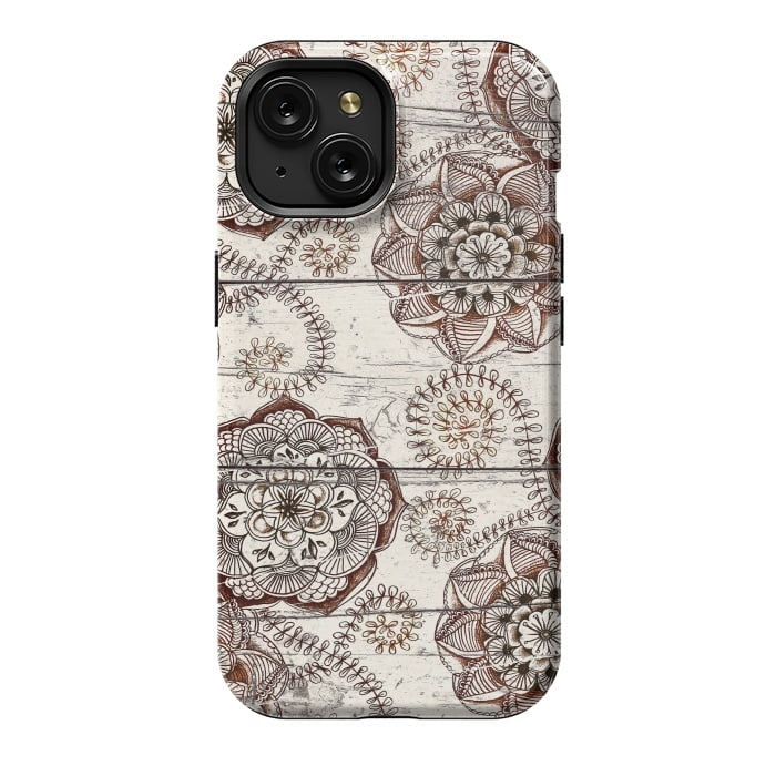 iPhone 15 StrongFit Coffee & Cocoa - brown & cream floral doodles on wood by Micklyn Le Feuvre