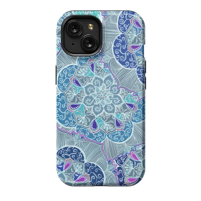 iPhone 15 StrongFit Fresh Doodle in Teal Blue, Purple and Grey by Micklyn Le Feuvre