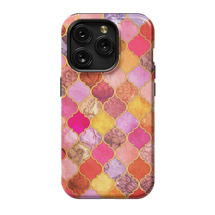 iPhone 15 Pro StrongFit Hot Pink, Gold, Tangerine & Taupe Decorative Moroccan Tile Pattern by Micklyn Le Feuvre