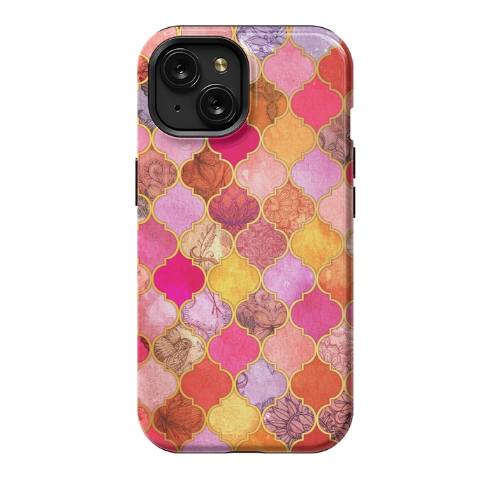 iPhone 15 StrongFit Hot Pink, Gold, Tangerine & Taupe Decorative Moroccan Tile Pattern by Micklyn Le Feuvre
