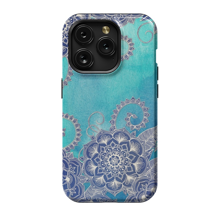 iPhone 15 Pro StrongFit Mermaid's Garden - Navy & Teal Floral on Watercolor by Micklyn Le Feuvre