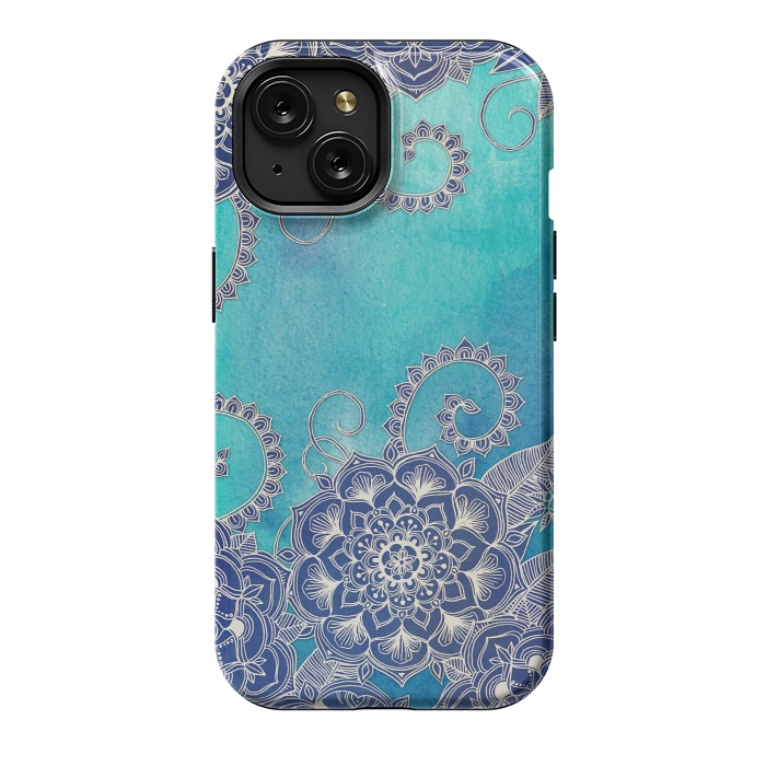 iPhone 15 StrongFit Mermaid's Garden - Navy & Teal Floral on Watercolor by Micklyn Le Feuvre