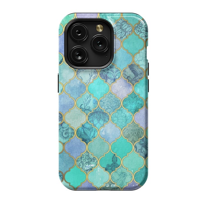 iPhone 15 Pro StrongFit Cool Jade Icy Mint Decorative Moroccan Tile Pattern by Micklyn Le Feuvre