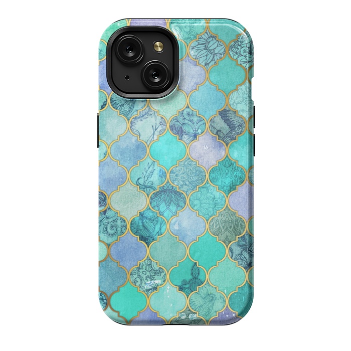 iPhone 15 StrongFit Cool Jade Icy Mint Decorative Moroccan Tile Pattern by Micklyn Le Feuvre