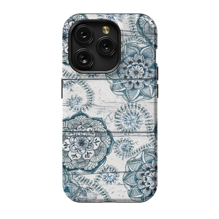 iPhone 15 Pro StrongFit Navy Blue Floral Doodles on Wood by Micklyn Le Feuvre
