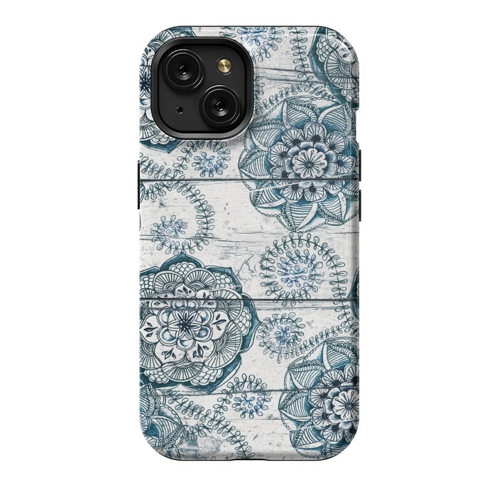 iPhone 15 StrongFit Navy Blue Floral Doodles on Wood by Micklyn Le Feuvre