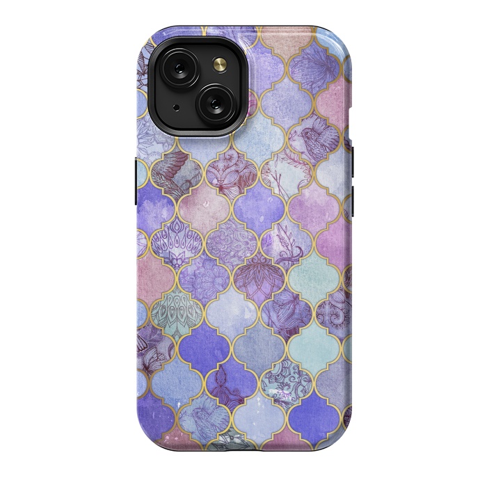iPhone 15 StrongFit Royal Purple, Mauve & Indigo Decorative Moroccan Tile Pattern by Micklyn Le Feuvre