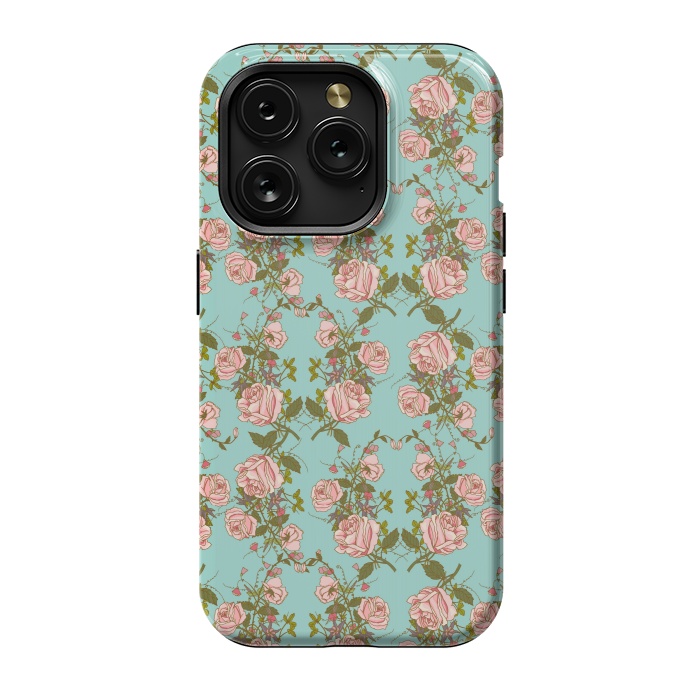 iPhone 15 Pro StrongFit Vintage Rosy Floral-Blue by Quirk It Up