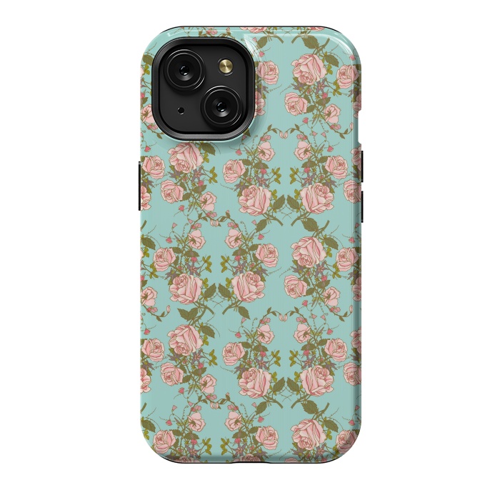 iPhone 15 StrongFit Vintage Rosy Floral-Blue by Quirk It Up