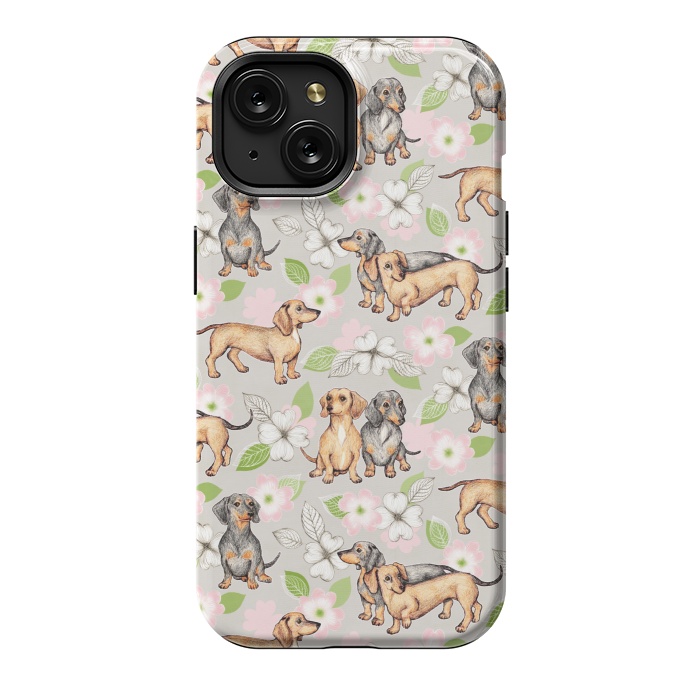 iPhone 15 StrongFit Dachshunds and dogwood blossoms by Micklyn Le Feuvre