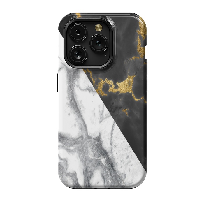 iPhone 15 Pro StrongFit Marble Black White Gold Geometric by Alemi