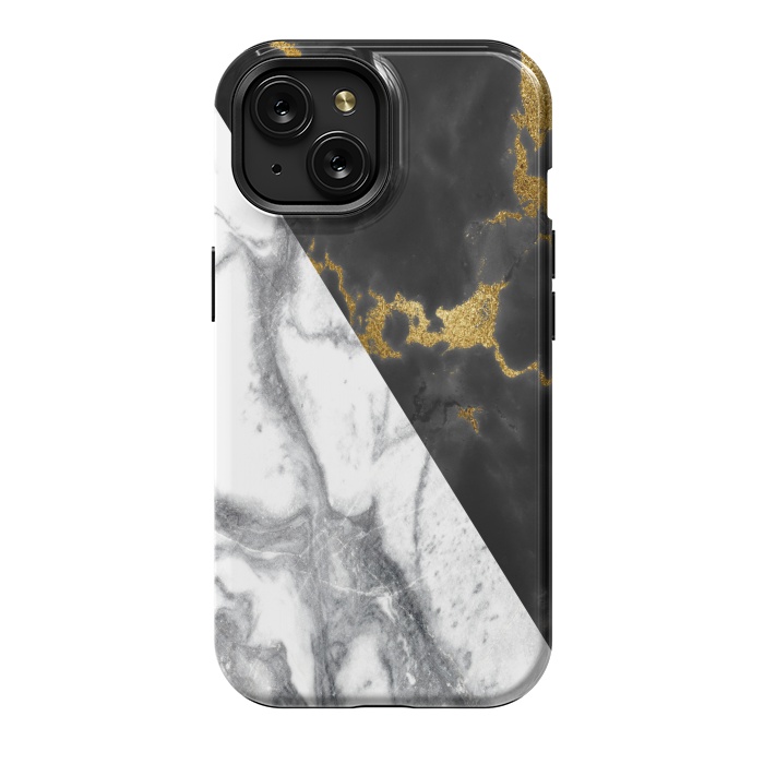 iPhone 15 StrongFit Marble Black White Gold Geometric by Alemi