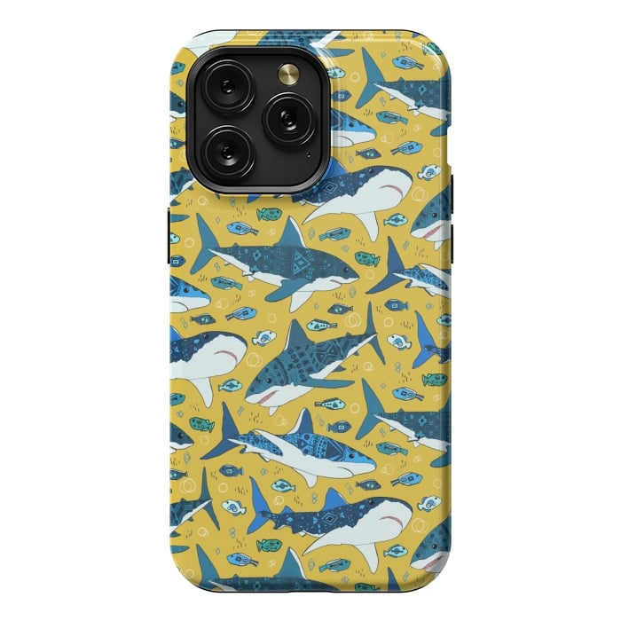 iPhone 15 Pro Max StrongFit Tribal Sharks & Fish On Mustard by Tigatiga