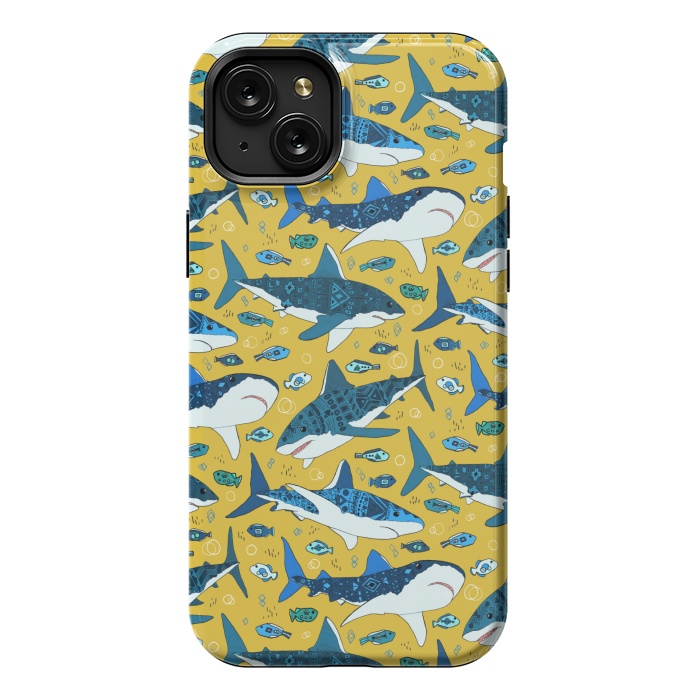 iPhone 15 Plus StrongFit Tribal Sharks & Fish On Mustard by Tigatiga