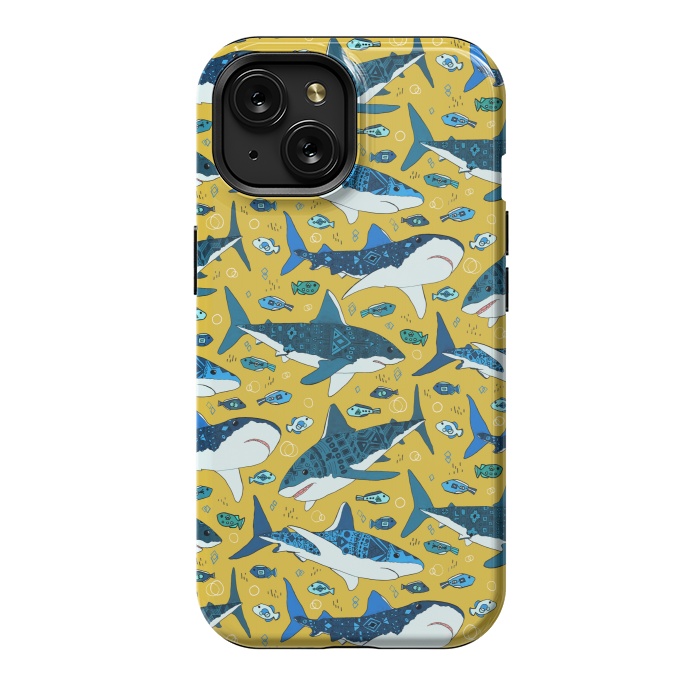 iPhone 15 StrongFit Tribal Sharks & Fish On Mustard by Tigatiga