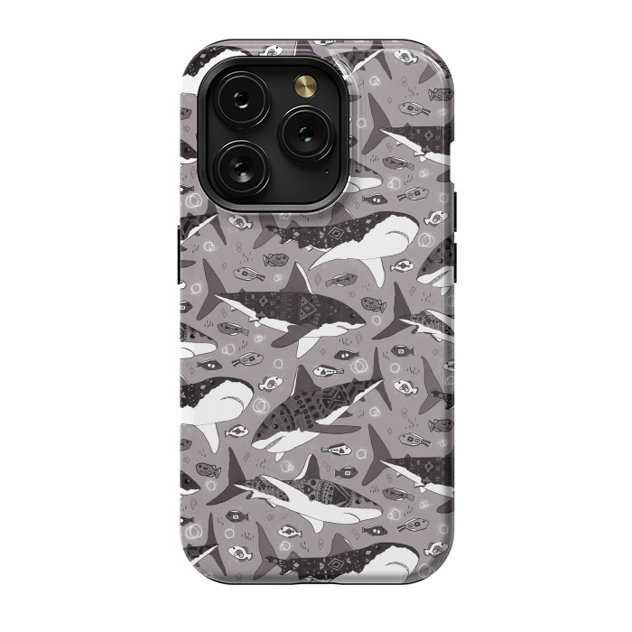iPhone 15 Pro StrongFit Tribal Sharks & Fish On Grey  by Tigatiga