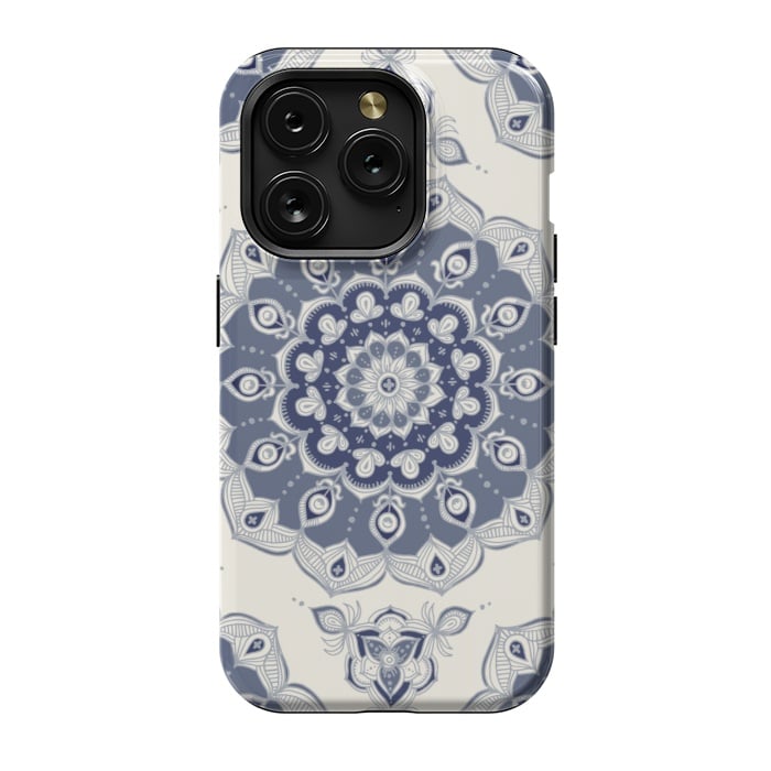 iPhone 15 Pro StrongFit Grey Blue Monochrome Floral Mandala by Micklyn Le Feuvre