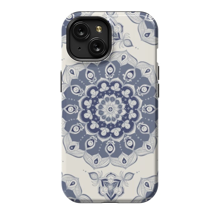 iPhone 15 StrongFit Grey Blue Monochrome Floral Mandala by Micklyn Le Feuvre