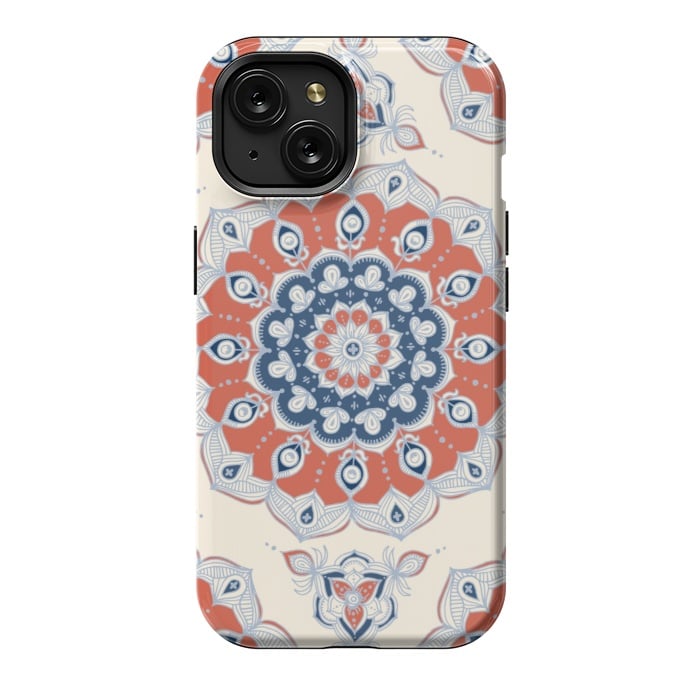 iPhone 15 StrongFit Red, Blue and Cream Floral Mandala by Micklyn Le Feuvre